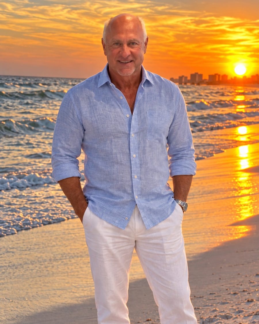Tony Giorgione, Founder of Grand Pacific Media, on the beach at sunset.
